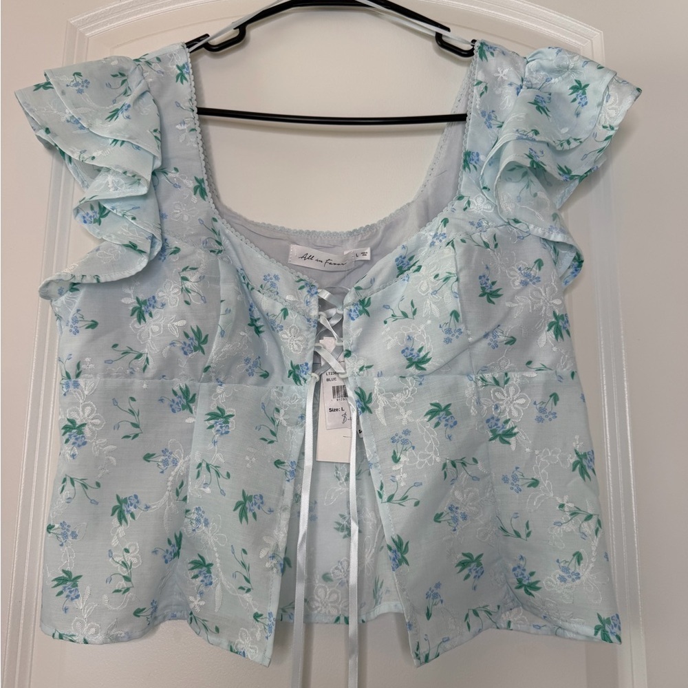 All In Favor Blue Floral Lace Up Crop Corset Top L Cottagecore Ruffle Blouse NWT - Picture 2 of 8